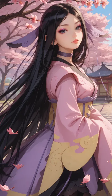 zzValerie, long hair, black hair, big black eyes, highly detailed face, glossy detailed lips, parted bangs, eyeshadow, hair ornament, black pantyhose, choker, dress, furisode, highly detailed clothing, japanese clothes, kimono, long flowing sleeves that co...