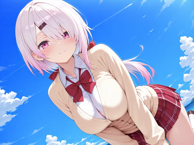 solo,masterpiece,best quality, amazing quality, highres, absurdres, very aesthetic, high resolution, ultra detailed, perfect details,(masterpiece, detailed:1.2),nijiyuika,large breasts,pink eyes,gradient hair,light pink hair,white hair,round face,long hair...