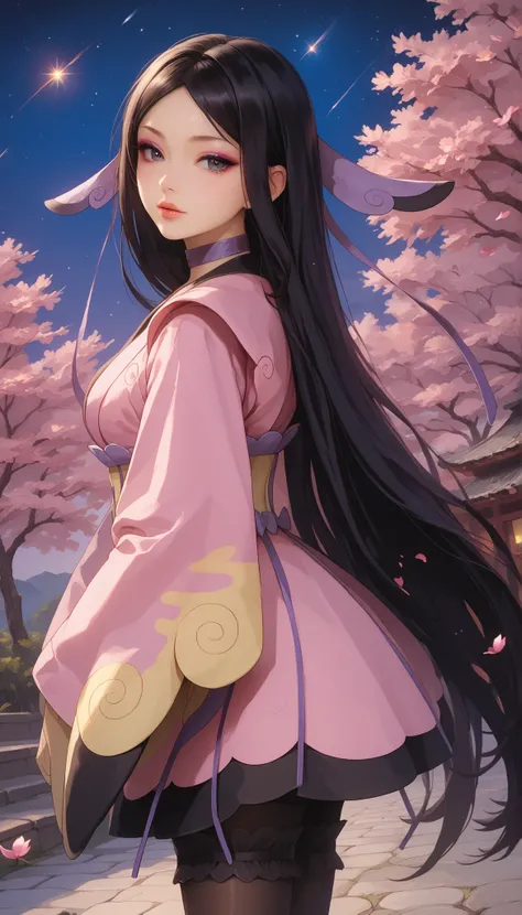 zzValerie, long hair, black hair, big black eyes, highly detailed face, glossy detailed lips, parted bangs, eyeshadow, hair ornament, black pantyhose, choker, dress, furisode, highly detailed clothing, japanese clothes, kimono, long flowing sleeves that co...