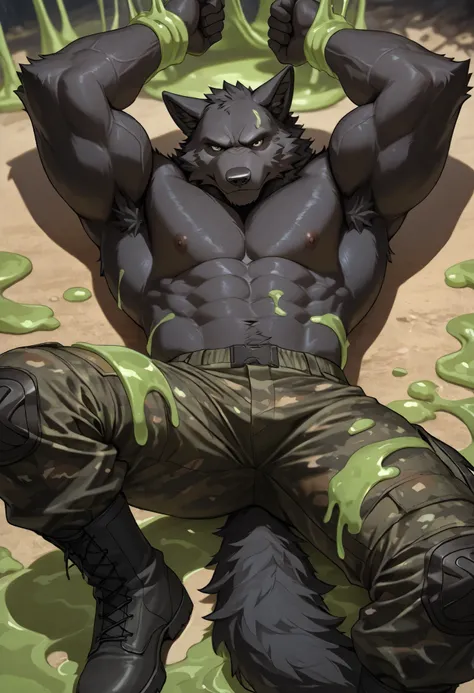 realistic, real shadow and light,depth of field, looking at the viewer, Athletic body, strong arm and veins, commission for high res, anthropomorphi there is a black wolf, dark fur, fluffy, bara furry, pointy nose, wearing camo military pants, topless, bla...