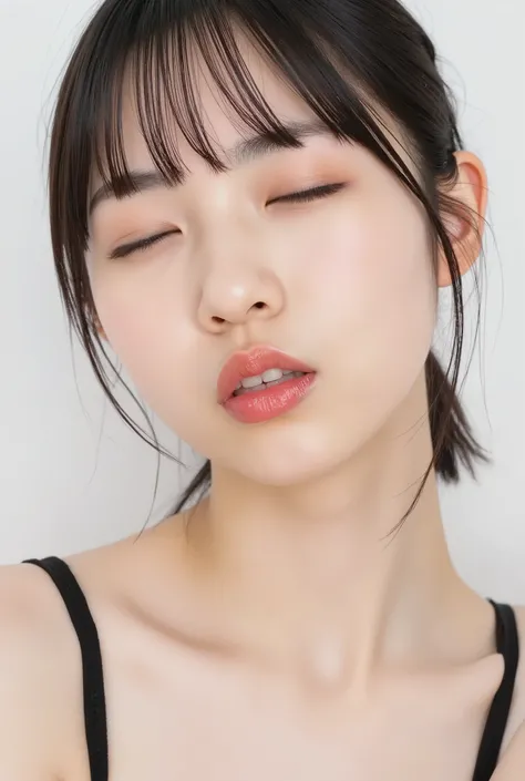ultra-detailed close-up of a beautiful modern girl, collarbone-up composition, white studio background, soft natural lighting, soft focus on background,
camera angle slightly elevated (about 60 degrees), subject's chin gently raised, head and face facing ...