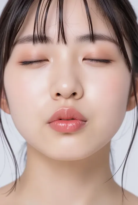 ultra-detailed close-up of a beautiful modern girl, collarbone-up composition, white studio background, soft natural lighting, soft focus on background,
camera angle slightly elevated (about 60 degrees), subject's chin gently raised, head and face facing ...
