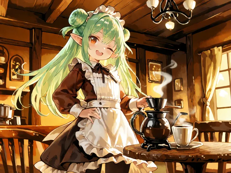 A smiling elf maid welcoming guests with a wink and a charming pose at a cozy maid café. She has long, slender, pointed ears and elegant posture. She wears a frilly maid apron with a ruffled skirt, styled like a noble servant. Her green hair is tied in a r...