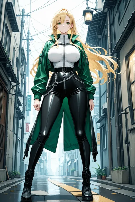 full body blonde long hair green eyes expressionless big breasts jacket belt chain zipper