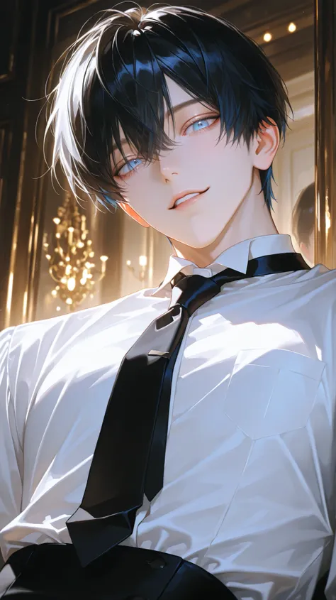 1 male, perfect eyes, Impressionist Painting Style, Realistic Skin, semi-realism detail, high detail, Realistic Hair, Realistic Details, 8k, beautiful masterpiece, white shirt, Black Tie, short black hair with waist, split bangs, Blue eyes, detailed eyes,...