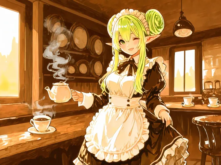 A smiling elf maid welcoming guests with a wink and a charming pose at a cozy maid café. She has long, slender, pointed ears and elegant posture. She wears a frilly maid apron with a ruffled skirt, styled like a noble servant. Her green hair is tied in a r...