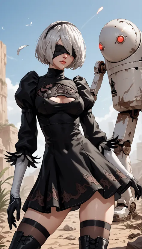 Score_9, score_8_up, score_7_up, source_semi-real, rating_safe;; Nier Automata 2B, fighting robot machine_lifeform in a desert pit;; 2BNAXL, blindfold, black blindfold, black hairband, white hair, short hair, medium breasts, clothing cutout, cleavege cutou...