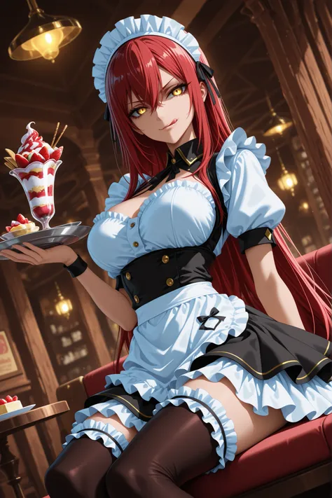 ((anime coloring:1.25)), 1 woman, golden eyes , very long hair , long sidelocks, red hair , half upon, mediumlarge breasts , petite , very cute , beautiful ,Straight hair, cool, handsome, hair between eyes,
, evil smile, maid, maid outfit, ta fashion, maid...