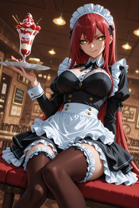 ((anime coloring:1.25)), 1 woman, golden eyes , very long hair , long sidelocks, red hair , half upon, mediumlarge breasts , petite , very cute , beautiful ,Straight hair, cool, handsome, hair between eyes,
, evil smile, maid, maid outfit, ta fashion, maid...
