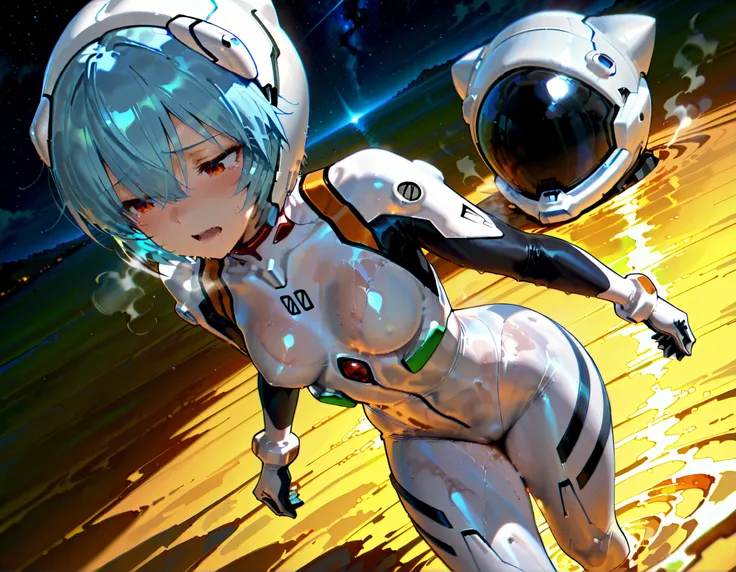 solo, evangelion art style, evangelion anime style, White plugsuit, skintight, tight fit, small breast, Rei Ayanami, red eyes, blue hair, Short hair, cute face, lovely face, white-skinned pretty girl, Short stature,Mass sweat,covered in sweat,steam, wet_sk...