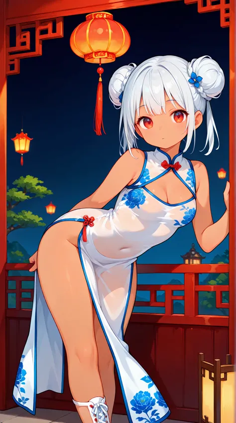 womanhood, Brown skin, silver hair bun hair, China Dress, white see-through inner, Slit, lace up,    Hanging Lanterns, 