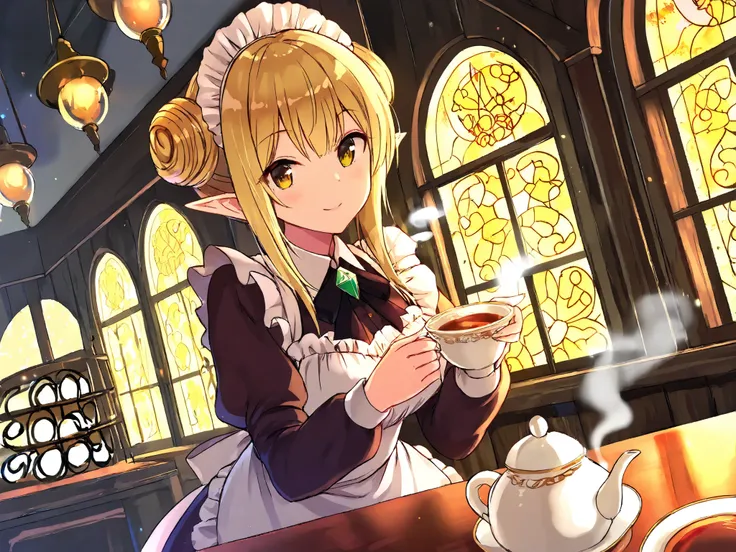 A golden-haired elf maid with long, slender, pointed ears is elegantly preparing tea for a guest in a fantasy-style maid café. She has her hair styled in a refined chignon bun and wears a frilly maid outfit with a ruffled skirt, designed in the style of a ...