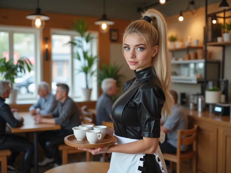 create a full portrait photograph of  a young woman working in a modern cafe.

Layer 1 (background) a small, modern café with a friendly, bright atmosphere, interior details, comfortable seating, wooden furniture, warm lighting, potted plants, large window...