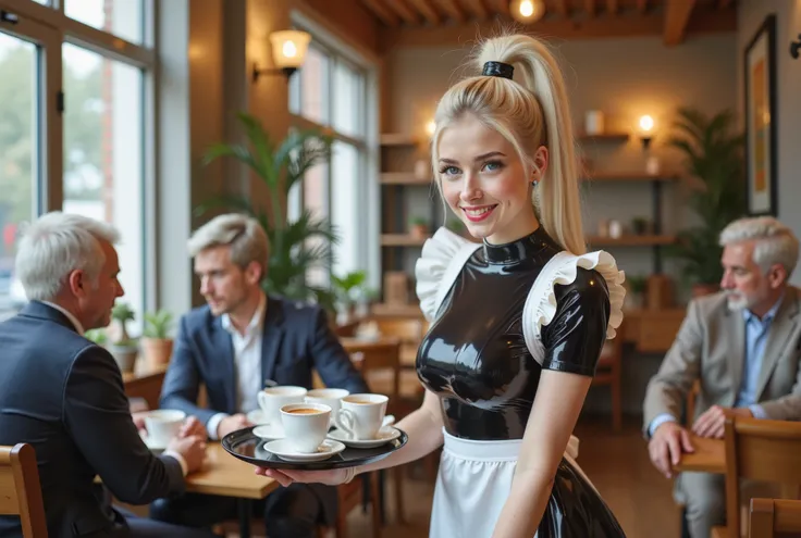 create a photograph of  a young woman working in a modern cafe.

Layer 1 (background) a small, modern café with a friendly, bright atmosphere, interior details, comfortable seating, wooden furniture, warm lighting, potted plants, large windows, older men e...