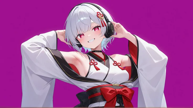 8K Wallpaper、 masterpiece、、 High Quality 、 very aesthetic、 Ridiculous、 Newest、Woman 1、 Alone、 Photoreal、 髪型teeth銀色、 short bob、 headphones 、 very big 、 Boldly open your shoulders 、 has a futuristic design and traditional Japanese clot...