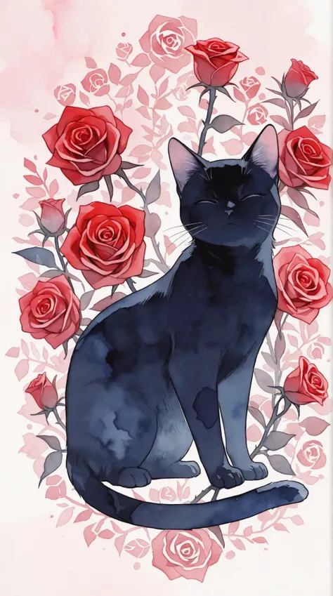perfect anatomy, watercolor, simple composition, Black Cat's Full Body, Expressionless cat:0.5, close your eyes, portrait, flat-colors, gentle red rose background、One Side Rose Flower Background、simple pastel color