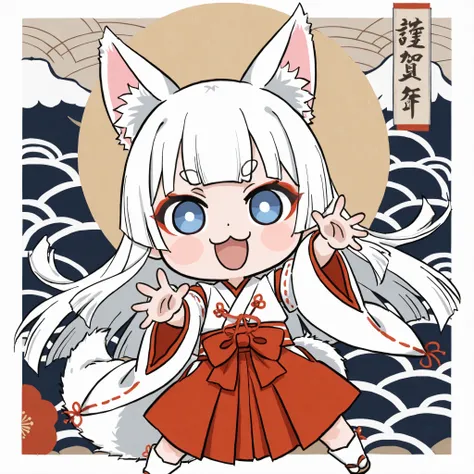 ((Masterpiece)),((best quality)),((incredibly absurdres)),((8K)),(modern Ukiyo-e style),
(1 chibi girl:1.3),solo,white hair,long hair,straight hair,blue eyes,baby face,cute,kawaii,(white fox ears,white fox tail),pink inner ear,white ear hair,floating hair,...