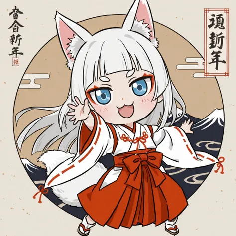 ((Masterpiece)),((best quality)),((incredibly absurdres)),((8K)),(modern Ukiyo-e style),
(1 chibi girl:1.3),solo,white hair,long hair,straight hair,blue eyes,baby face,cute,kawaii,(white fox ears,white fox tail),pink inner ear,white ear hair,floating hair,...