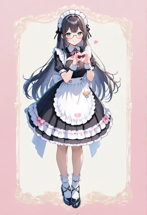 maid cafe　Black Long Maid Outfit　full body　Heart gestures using hands　　Fleet Collection_Oyodo　