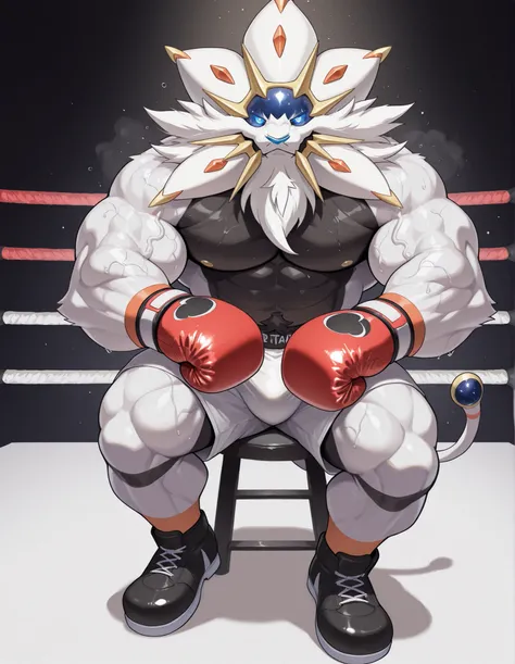 Solgaleo, anthro male, high quality, full body, looking at viewer, solo, boxing ring background, red boxing gloves, thick very veiny arms, rugged muscles with protruding veins, white boxing shorts, black boxing shoes, heavyweight boxing champion, glistenin...