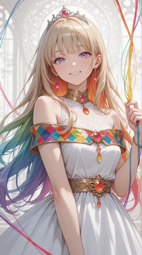 womanhood, off shoulder, sleeveless,  dress woven with colorful thread , jewelry tiara, Smile, 
