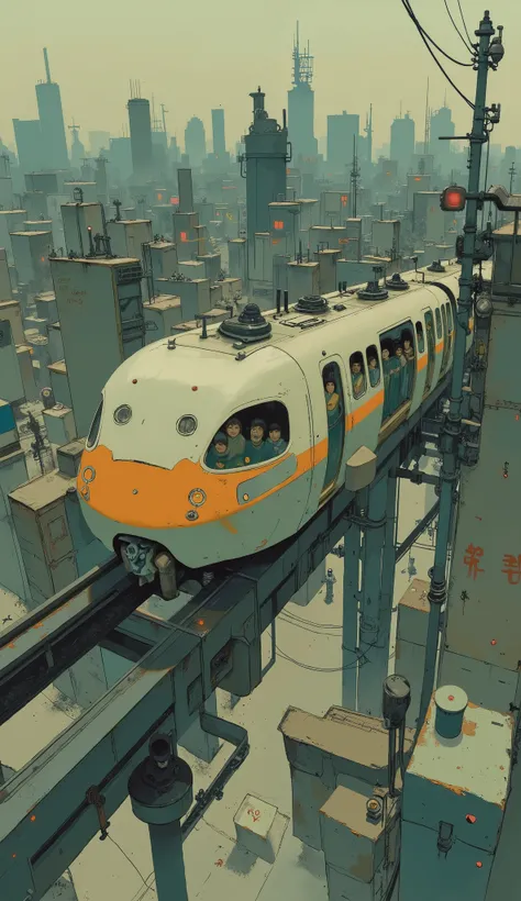 cartoon of a train running on a bridge with people on it, monorail, by Gyokudo Urakami , Otomo, meters, cyberpunk elevated train, Illustrated!!, inspired by Gyokudo Urakami , Tokyo anime scene, Anime Shigeru Aoki , 奈良美智にインスパイアされたJapanese anime style, I...