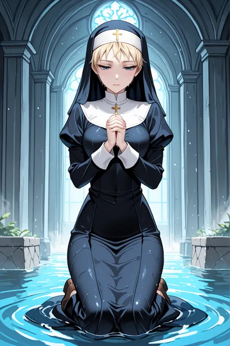 1 woman,solo,beautiful woman,adult,18 years old,blue eyes,narrow eyes,blonde hair,very short hair,pale skin,skinny,masterpiece,general,highres, ultra-detailed,very aesthetic,best quality ,best hands,best eyes,perfect anatomy,anime coloring,easynegative,BRE...