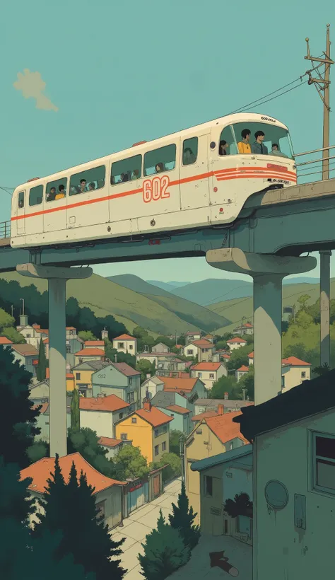 } The monorail is gliding along the tracks, Sturdy columns are supported above a lively town. and will run in 2024 , The white and red exterior is numbered "602" and is drawn large on the front. internal, you can see a few passengers through the large win...