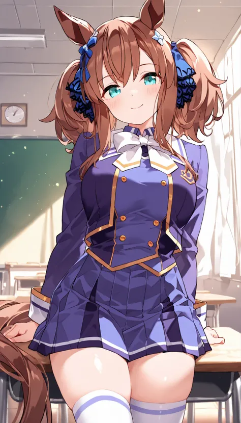 Bold Tact  \(Uma Musume in Uniform\), 1 school girl with pigtails、Miniskirt、　ä ¡　CLASSROOM　white thighs+++　　very short skirt　The uniform of Torresun Academy