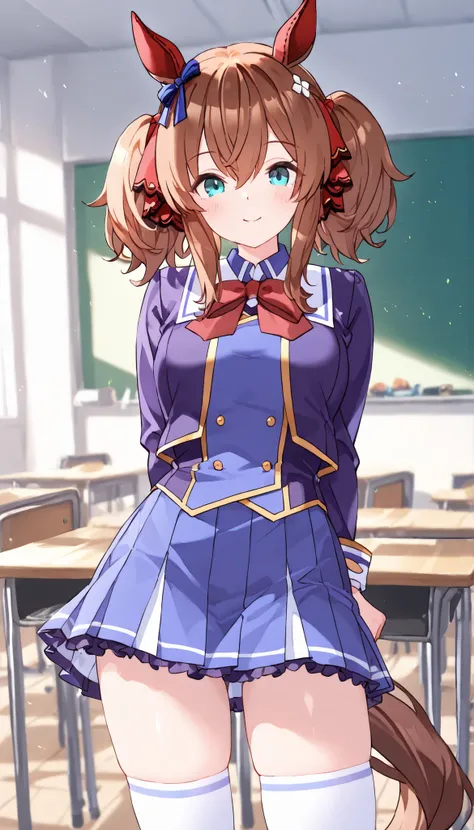 Bold Tact  \(Uma Musume in Uniform\), 1 school girl with pigtails、Miniskirt、　ä ¡　CLASSROOM　white thighs+++　　very short skirt　The uniform of Torresun Academy