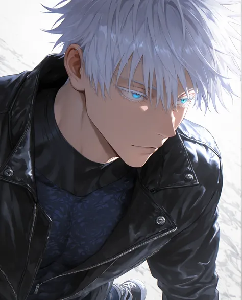 (masterpiece:1.2), (best quality:1.2), (very aesthetic:1.2), ,(newest),(highly detailed),(dynamic lighting),(cinematic lighting),1man, adult, male focus, gojou satoru, jujutsu kaisen, white hair, short hair, ((hair between eyes)), colored eyelashes, white ...