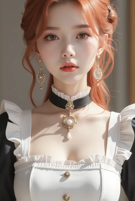 (( Highest Quality 、In 8K、masterpiece:1.3)) submissive maid、maid costume、Red-colored cheeks、double teeth、bun hair、sleeveless