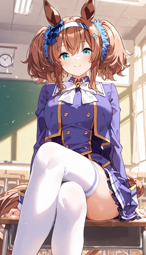 Bold Tact  \(Uma Musume in Uniform\), 1 school girl with pigtails、Miniskirt、　cross legs　CLASSROOM　white thighs+++　　very short skirt　The uniform of Torresun Academy