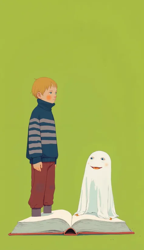young blond boy, Appearance , は鮮やかなライムグリーンの背景のスタイリッシュなイラストin描かれています. He's wearing a blue and gray striped turtleneck sweater and dark red pants. when I look at a large open book placed on my lap、I'm surprised and awestruck by his expression It's thoughtful...