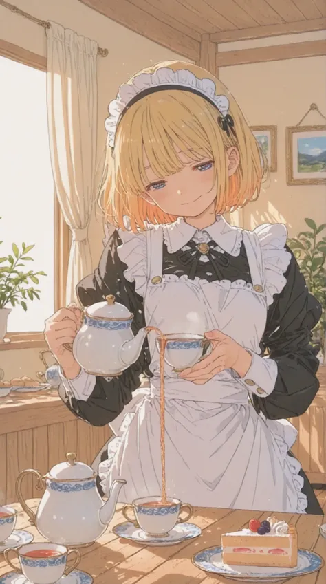 A classic anime scene featuring a cute anime maid in a frilly black and white maid uniform with lace details, apron, and headband. She is gracefully serving tea with a gentle smile, holding a silver teapot, pouring tea into fine porcelain cups. The setting...