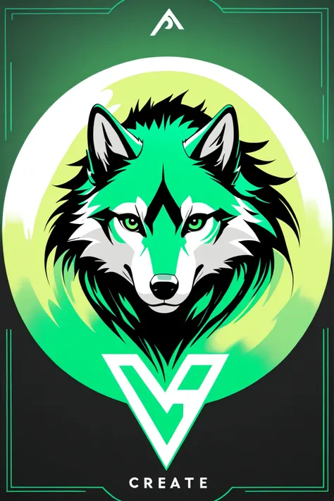 Create an abstract logo image of a wolf and the letter V, a combination of black and green