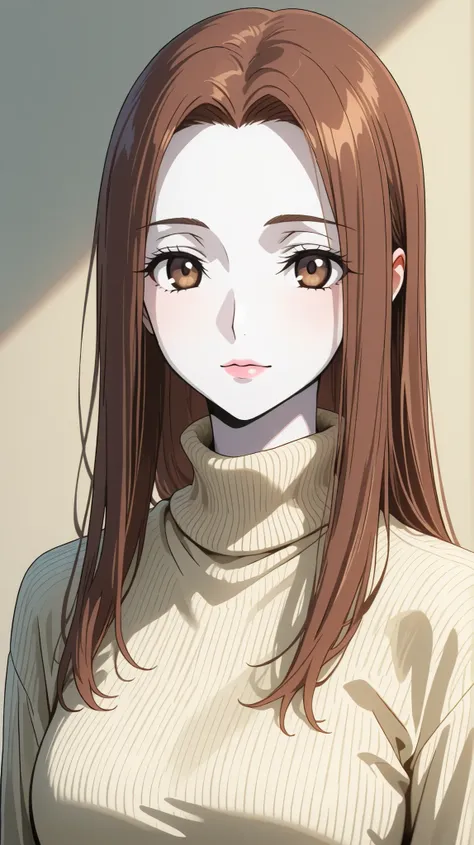 Girl, long straight brown hair, brown eyes, sharp, calm features, white skin, light pink lips, beautiful, perfect, elegant looking, wearing a sweater, sweater, bright colors, high quality resolution.