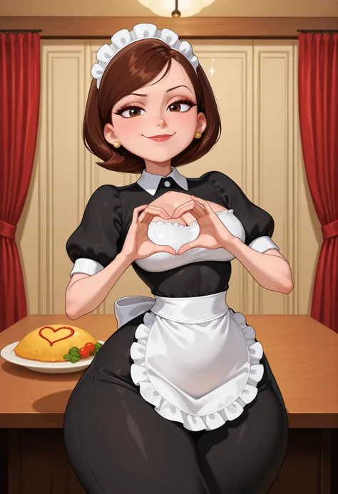 Helen Parr , mature female, medium hair, Bob_cut, brown hair, brown eyes, big eyes, long eyelashes, medium breasts, narrow waist, thick thighs, huge hips, fair skin, thin hands, earrings, makeup, pink lips, lipstick.|  Catgirl, maid, indoors, table, food, ...