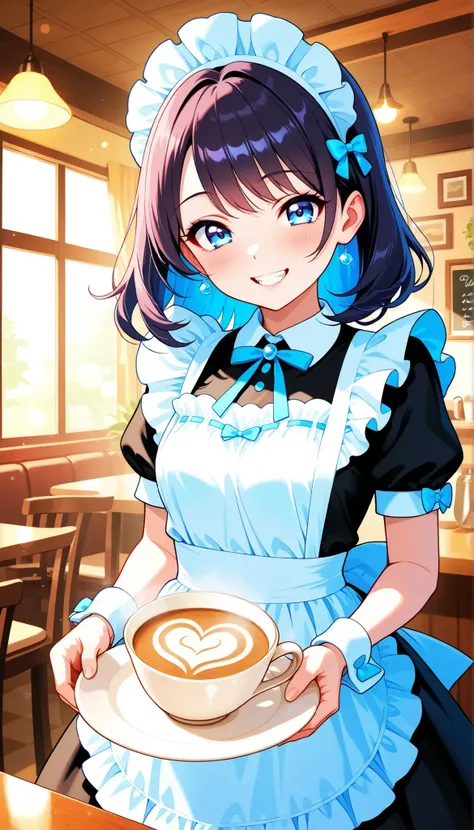 fun maid cafe,  Girl in cute maid clothes,  cafe interior, standing grinning:1.2, Show your teeth, Glamorous and Dreamy Atmosphere, soft light, Cafe Scenery, Girl's Expression and Posture, Kindness and Curiosity, delicate skin texture and sparkling flare, ...