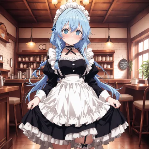 score_9, score_8_up, score_7_up, ((Highest Quality)), ((masterpiece)), ((details)), ((is anatomically correct)), 2 womans, anime, @_@, blue hair, long hair, Braided Hair, French Maid Outfit, Apron, Frill, Headdress, Pannier, Garter, Choker, Maid Cafe, 8k,