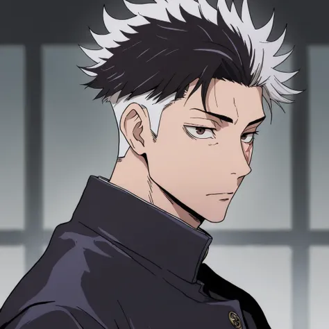 High resolution,  masterpiece,  Precise,  the best quality , very aesthetic, 1 boy, Alone, Jujutsu Kaizen academy uniform, Jujutsu kaizen style art, Jujutsu Kaizen academy background, black hair with large pieces of white hair, brown eyes, sullen expressio...