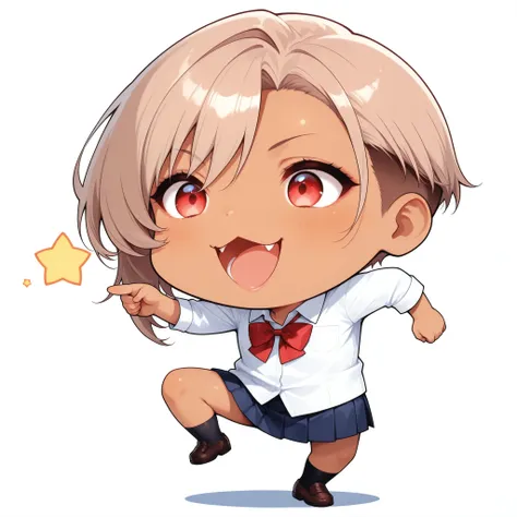 Cute girls, genba_cat, chibi, Pointing, stand on one leg, :3, open your mouth, meme,  parody in hin, simple background, white background, full body, (Mirai Edosaki, light brown hair, undercut, asymmetrical hair, red eyes, brown skinned), 4K High Resolution...
