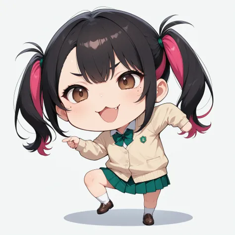 Cute girls, genba_cat, chibi, Pointing, stand on one leg, :3, open your mouth, meme,  parody in hin, simple background, white background, full body, (Minami Yoshikawa, black hair with pink inner color hair, twin tails, asymmetrical hair, brown eyes, mole u...