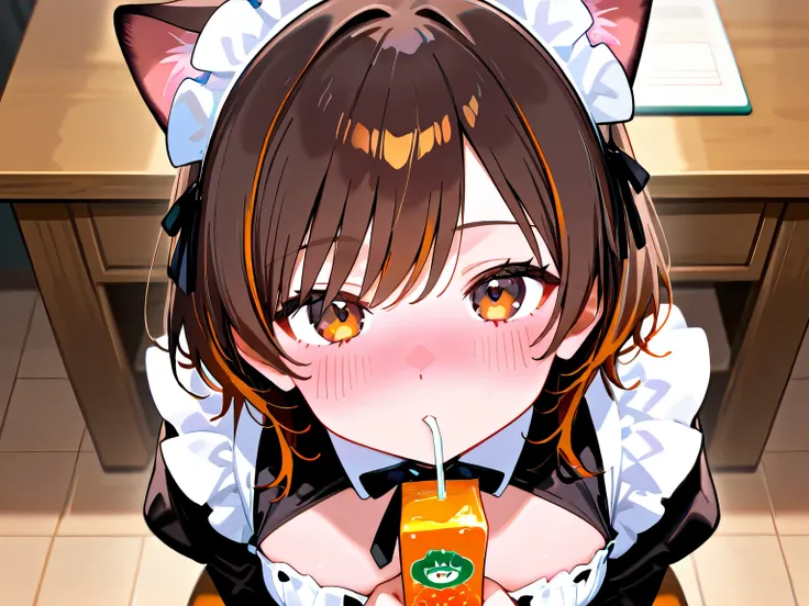 Cat ears　Girl　brown hair　short　Maid Outfit　brown round desk　 a calm afternoon 　smaller breasts　一人のGirl　blush your cheeks　holding juice　Sit on a chair　Highest Quality　masterpiece