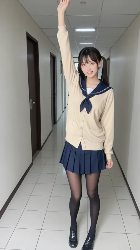 A Japanese high school girl dancing in a hallway of a school building. She is wearing a traditional navy blue sailor-style school uniform . Over her uniform, she wears a loose beige cardigan that gives a cozy and casual look. She also wears black tights an...