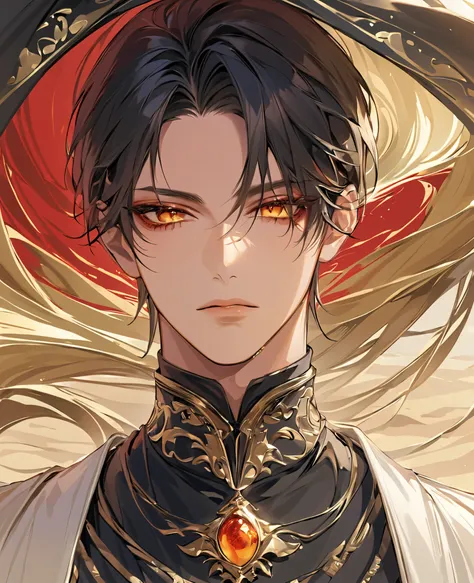 "A hyper-detailed, ultra-high-resolution anime-style portrait of a mysterious desert merchant lord. He has long, flowing charcoal-black hair with subtle golden undertones, each strand catching the desert light with silky highlights and lifelike texture. Hi...