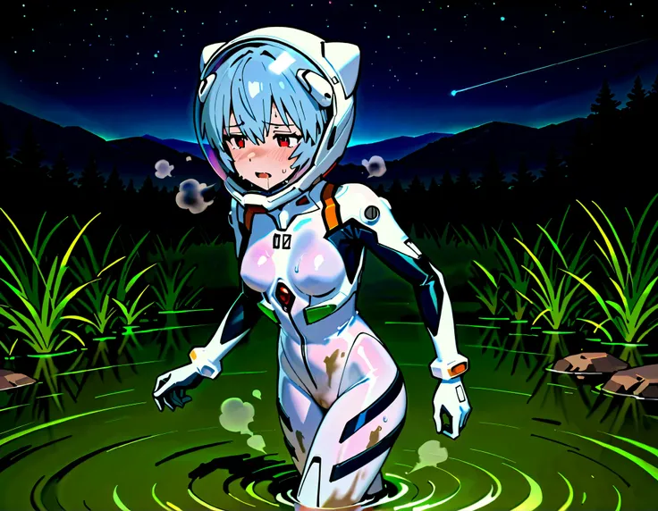 solo, evangelion art style, evangelion anime style, White plugsuit, skintight, tight fit, small breast, Rei Ayanami, red eyes, blue hair, Short hair, cute face, lovely face, white-skinned pretty girl, Short stature,Mass sweat,covered in sweat,steam, wet_sk...