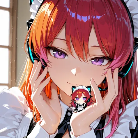  Masterpiece, detailed image, perfect human anatomy, perfect face, a beautiful woman, (nice curves), with long red hair with pink tips and bright purple eyes, (eyes rich in detail), (eyes detailed) flowing pink and orange ombre hair, wearing a black cat-ea...