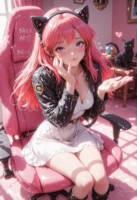 Masterpiece, detailed image, perfect human anatomy, perfect face, a beautiful woman, (nice curves), with long red hair with pink tips and bright purple eyes, (eyes rich in detail), (eyes detailed) flowing pink and orange ombre hair, wearing a black cat-ear...