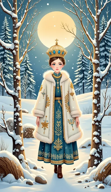 Snowflake Woman, beautiful woman in richly decorated traditional Russian winter attire, Russian kokoshnik crown with gems and pearls, ornate fur-lined winter coat with intricate embroidery, luxurious textures, soft white and icy blue shades with gold trim,...